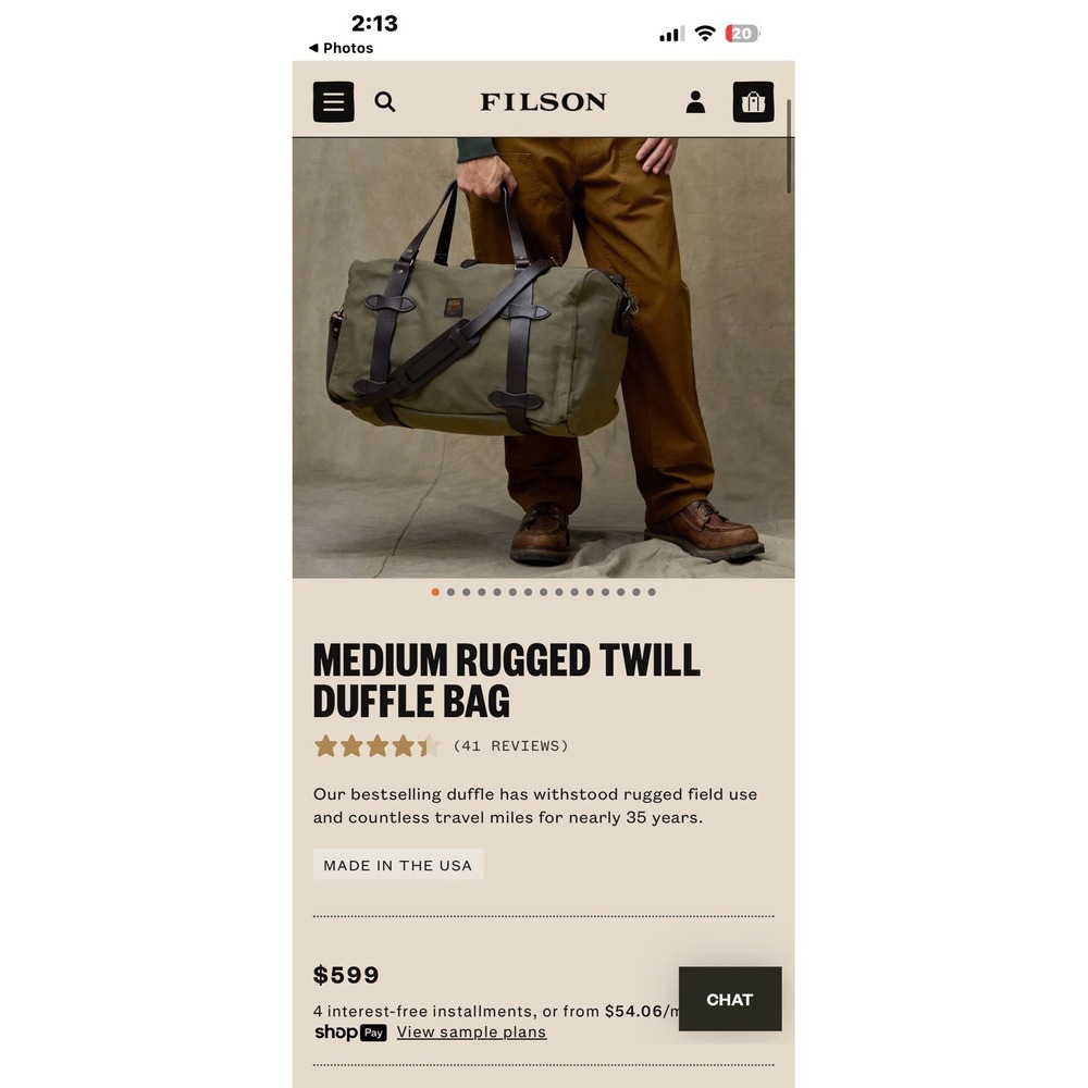 ($599) FILSON MEDIUM RUGGED TWILL DUFFLE BAG Otter Green 20"L x 12"W x 13"H